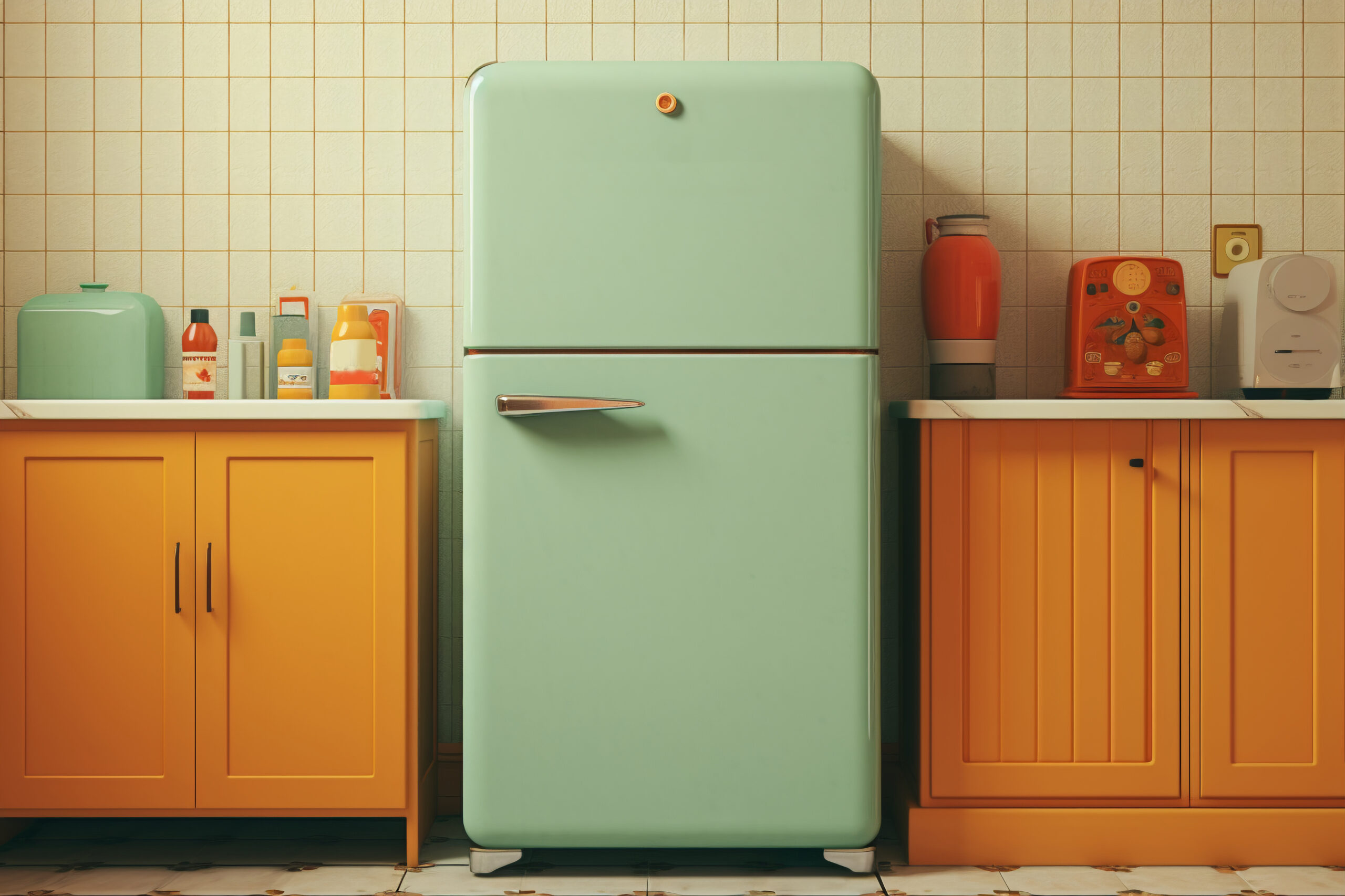 Indoor shot of a retro-style refrigerator in a minimalist kitchen setting.